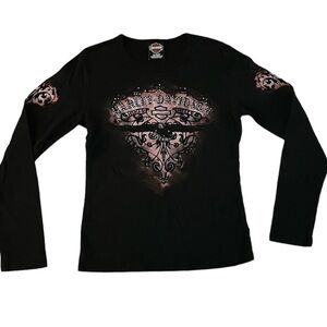 Vintage 90s Y2K Harley Davidson Motorcycles Biker Long Sleeve Black T Shirt Sm